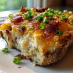 Close-up of a scoop of creamy baked potato casserole topped with melted cheddar, bacon bits, and fresh green onions.
