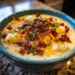 Close-up of a creamy bowl of potato soup recipe topped with bacon, cheddar cheese, and chives.