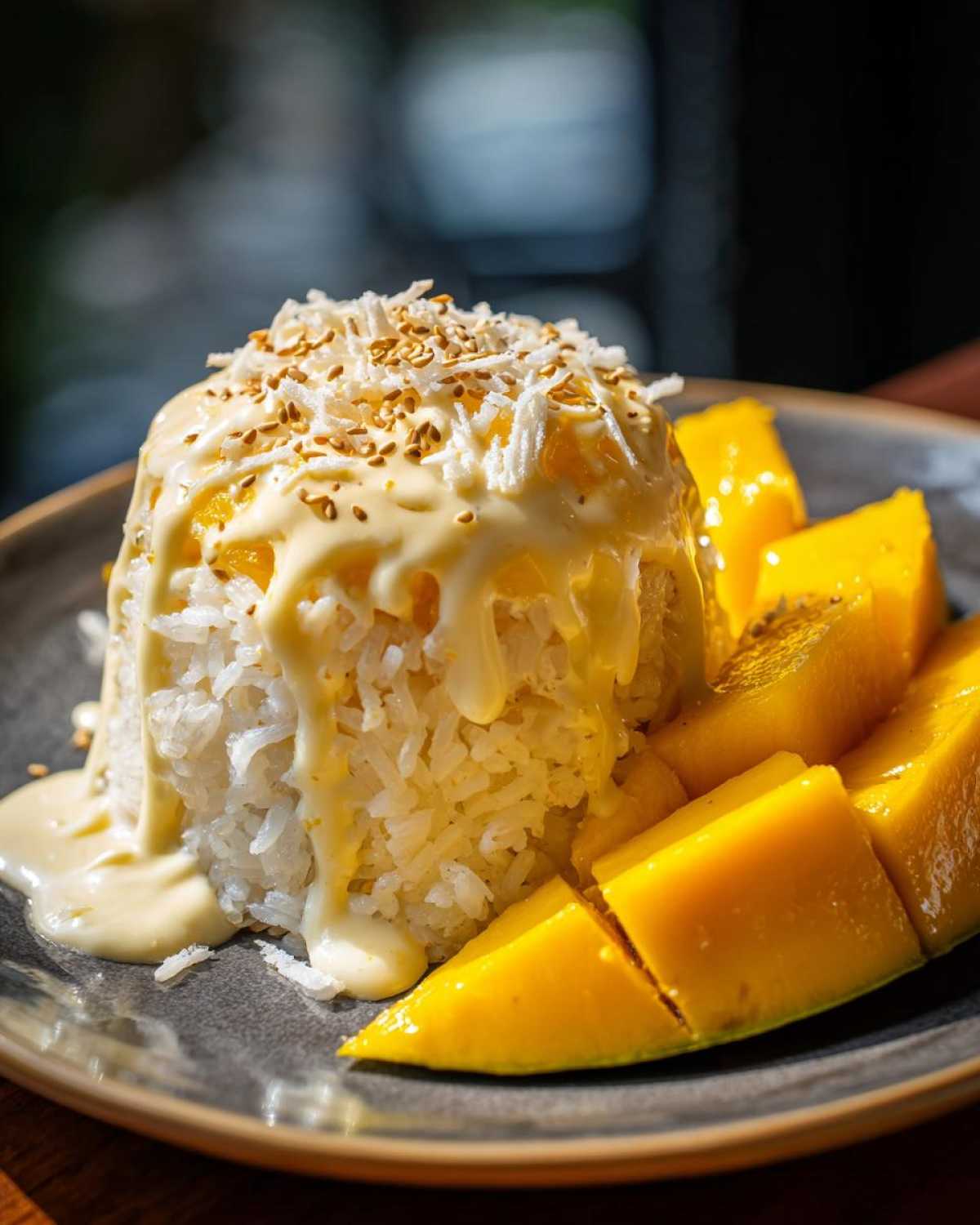 A molded serving of mango sticky rice topped with rich coconut cream, shredded coconut, and sesame seeds, next to fresh mango slices.