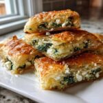Stack of golden brown Mediterranean Spinach and Feta Cheese Crisps with flaky phyllo dough.