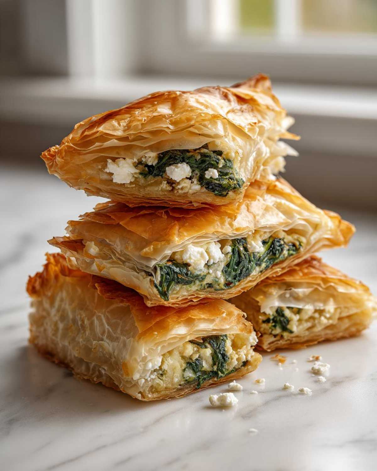 Stack of golden, flaky Mediterranean Spinach and Feta Cheese Crisps showing the spinach and feta filling.