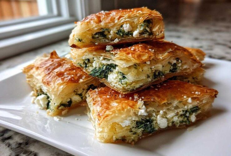 Stack of golden brown Mediterranean Spinach and Feta Cheese Crisps with flaky phyllo dough.