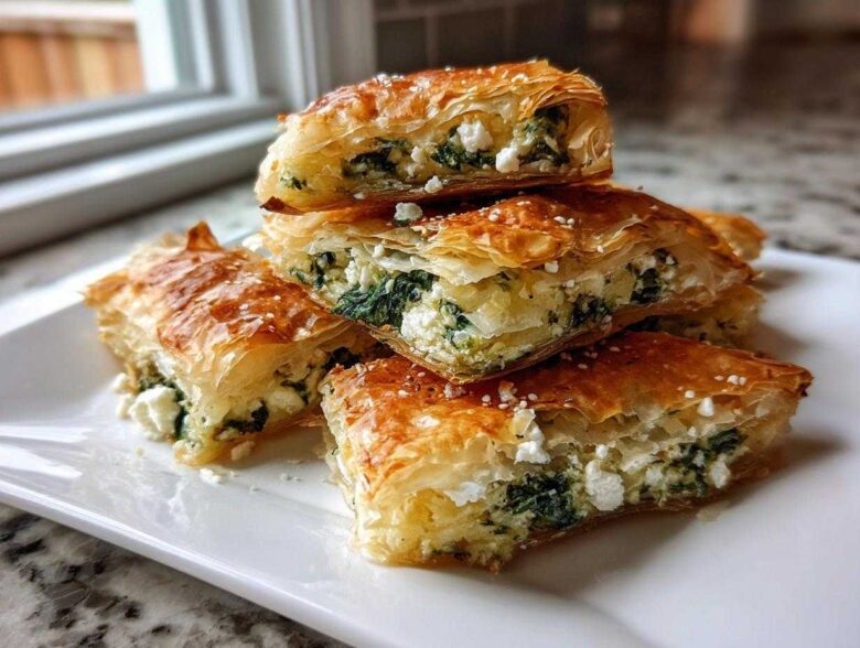 Stack of golden brown Mediterranean Spinach and Feta Cheese Crisps with flaky phyllo dough.
