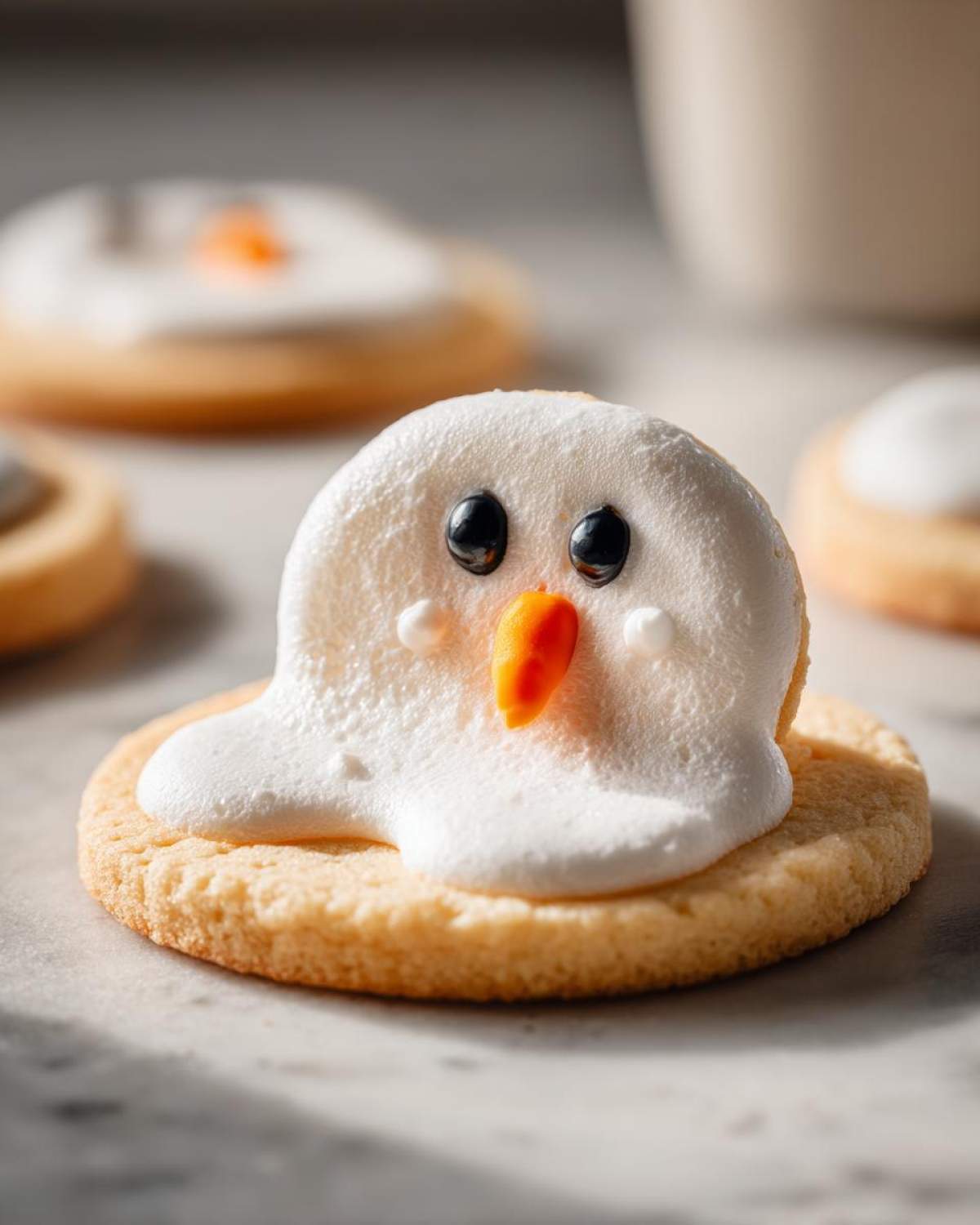 Close-up of a melted snowman cookies featuring a white marshmallow head melting onto a round sugar cookie base with candy eyes and a carrot nose.