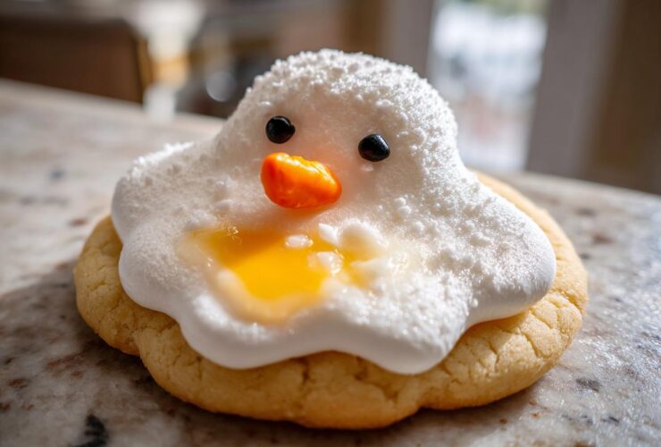 A close-up of one melted snowman cookies featuring white frosting, black eyes, an orange carrot nose, and yellow 'puddle' icing.