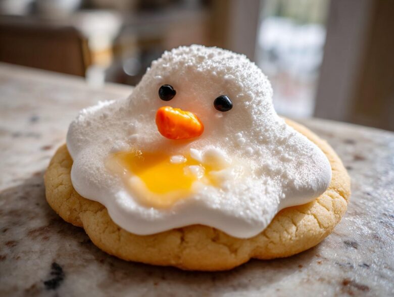 A close-up of one melted snowman cookies featuring white frosting, black eyes, an orange carrot nose, and yellow 'puddle' icing.