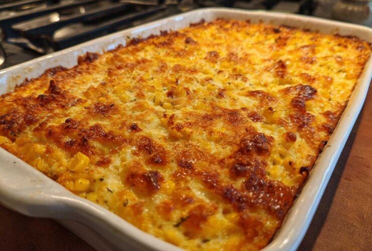 Close-up of a bubbling, golden-brown baked mexican street corn dip in a white rectangular baking dish.