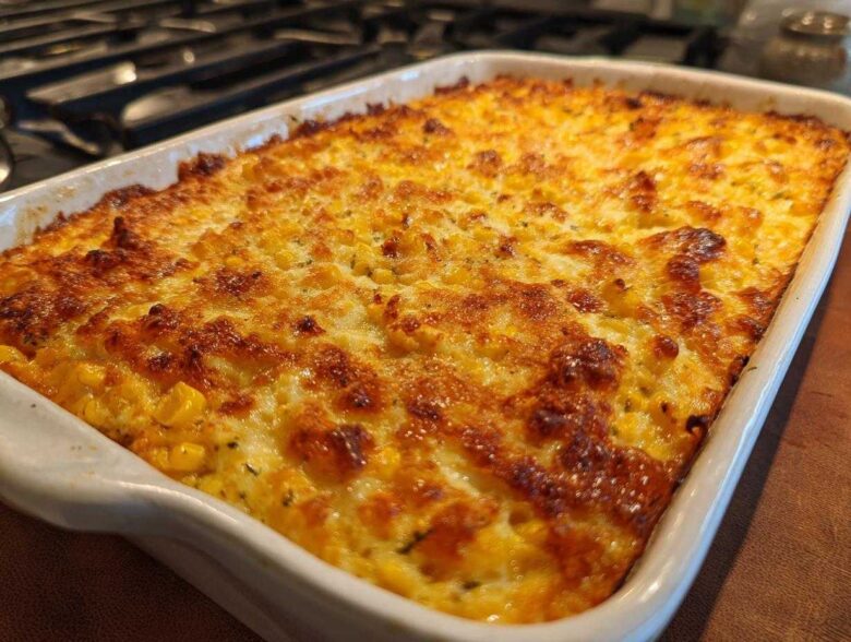 Close-up of a bubbling, golden-brown baked mexican street corn dip in a white rectangular baking dish.