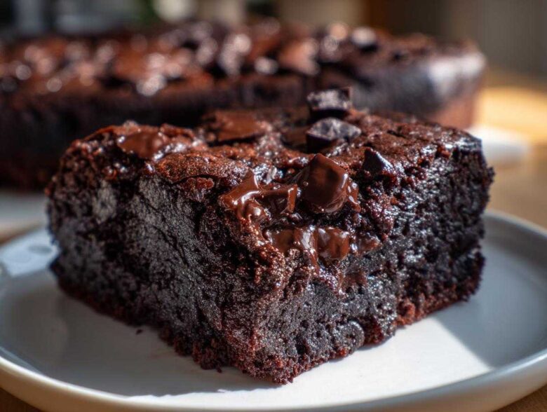 A close-up of a rich, dark slice of black bean brownies topped with melted chocolate chips on a white plate.