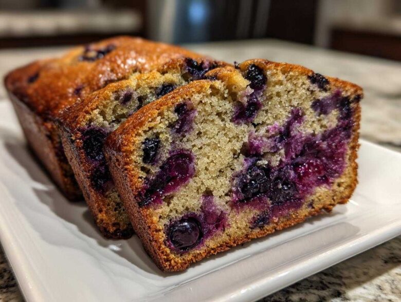 Close-up of moist blueberry banana bread slices showing a dense crumb packed with juicy, burst blueberries.