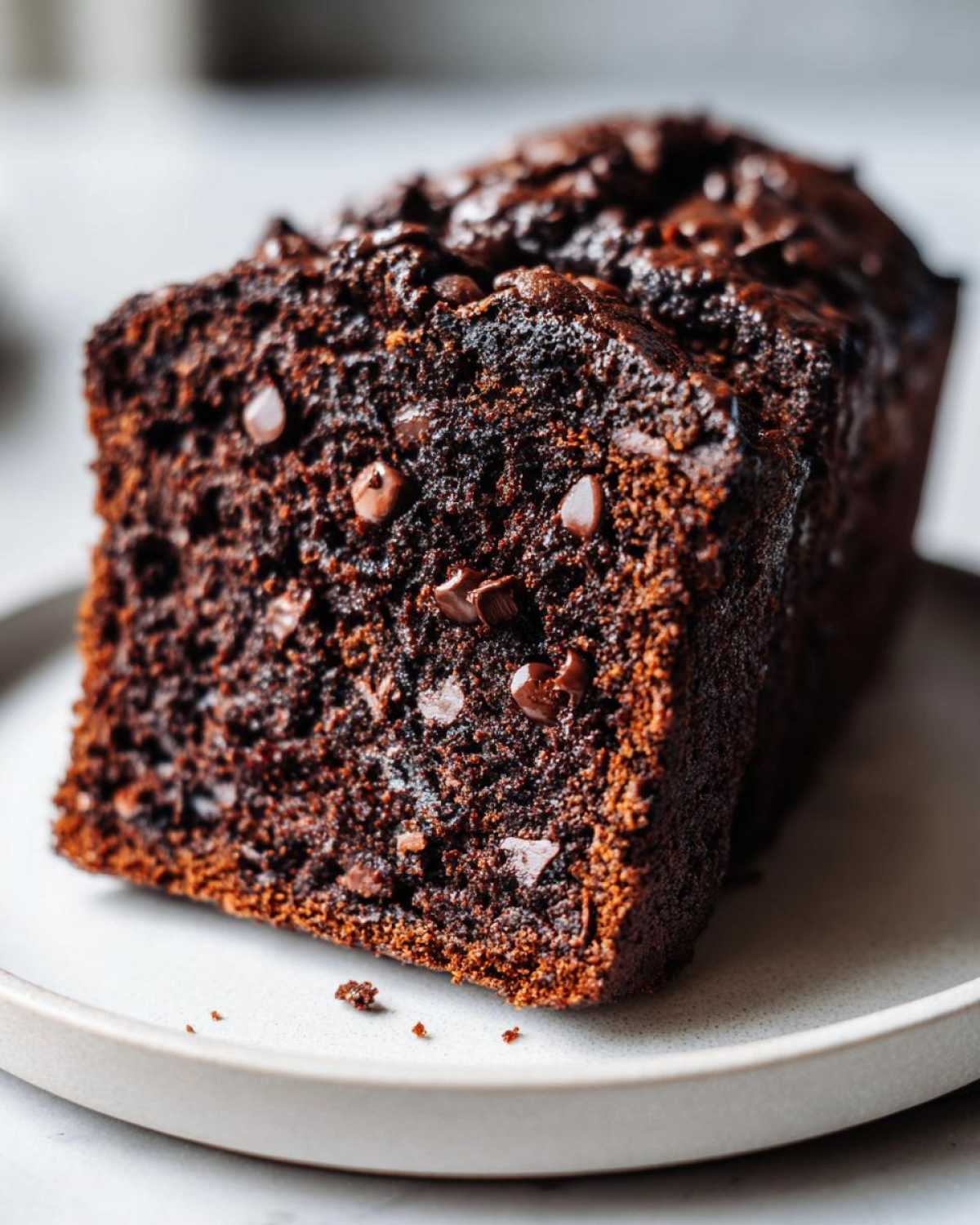 Close-up of a rich, dark slice of chocolate banana bread studded with melted chocolate chips.