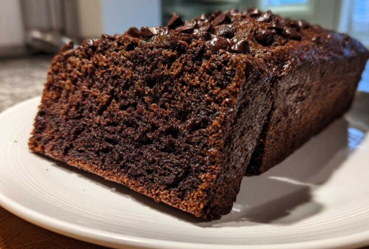 A close-up of a sliced loaf of rich, dark chocolate banana bread topped with melted chocolate chips.