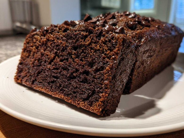 A close-up of a sliced loaf of rich, dark chocolate banana bread topped with melted chocolate chips.