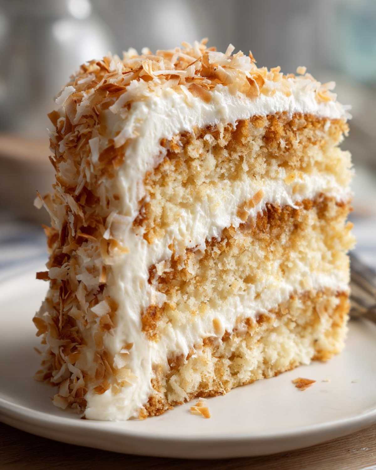 Close-up of a tall slice of moist coconut cake layered with white frosting and covered in toasted coconut flakes.