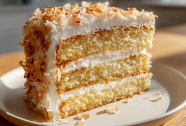 A thick slice of moist, three-layer coconut cake frosted with white icing and covered in toasted coconut flakes.