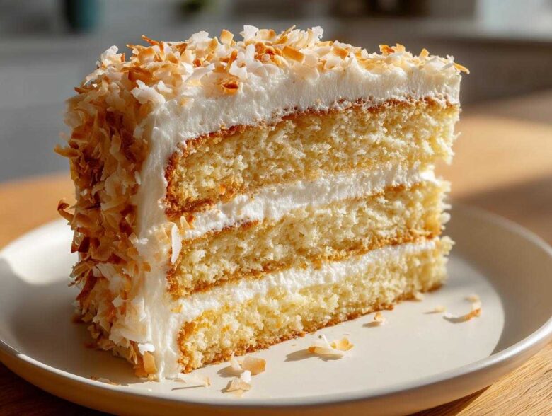 A thick slice of moist, three-layer coconut cake frosted with white icing and covered in toasted coconut flakes.