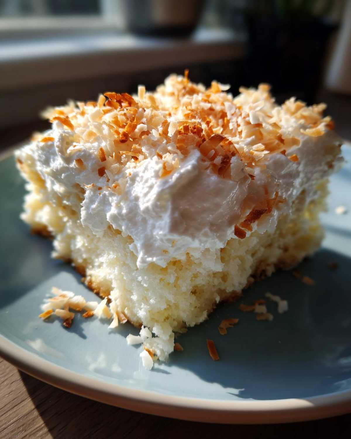 A close-up of a moist slice of coconut poke cake topped with whipped cream and toasted coconut flakes.