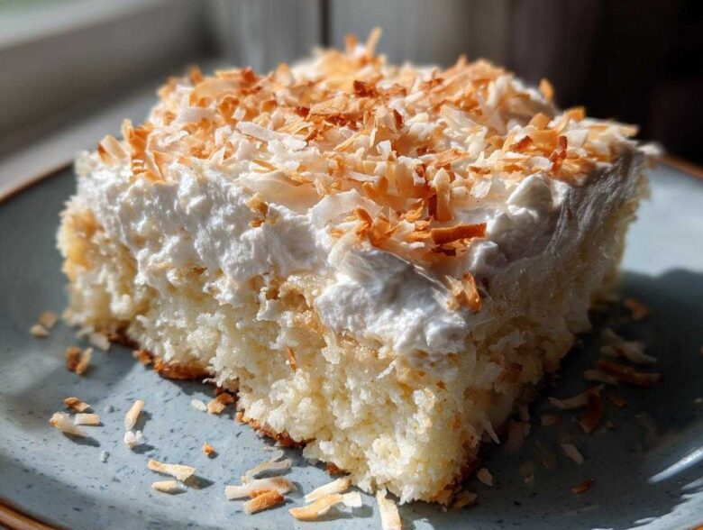 A close-up of a moist slice of coconut poke cake topped with whipped cream and toasted coconut flakes.