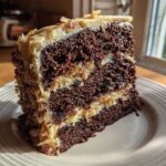 A tall, moist slice of german chocolate cake recipe showing dark chocolate layers and coconut-pecan frosting.