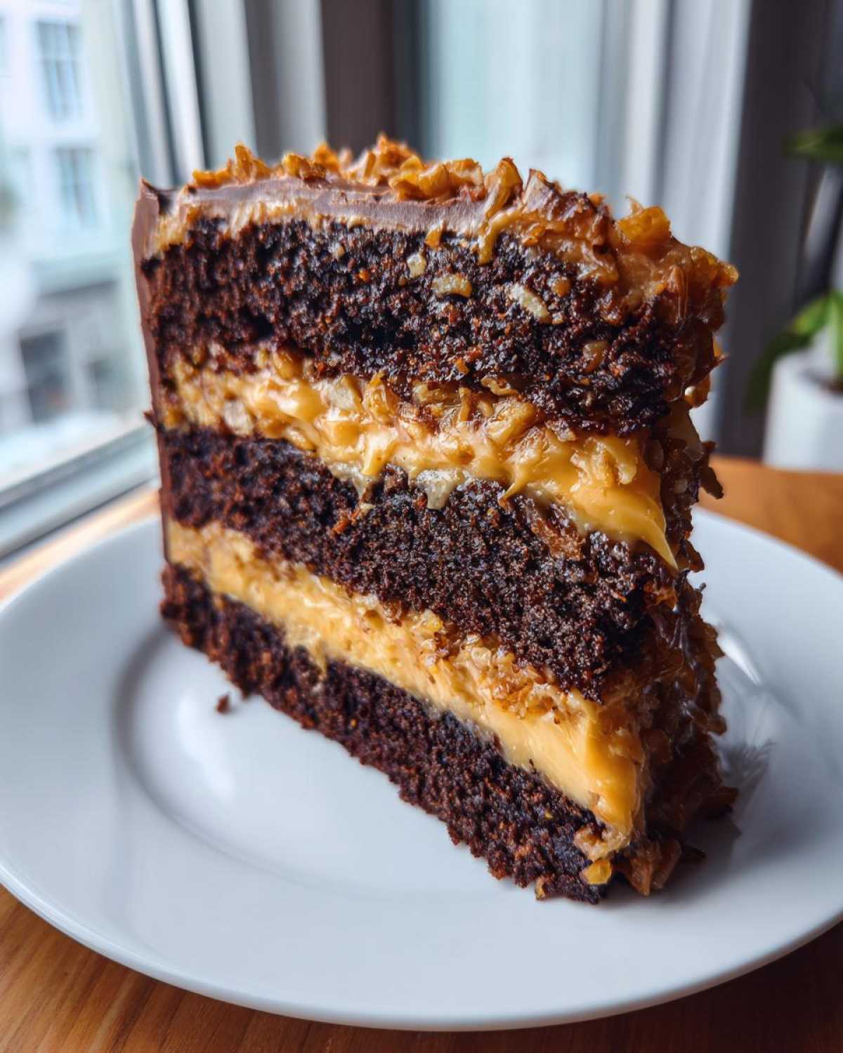 A tall, moist slice of German chocolate cake recipe with rich dark layers and thick coconut-pecan frosting.