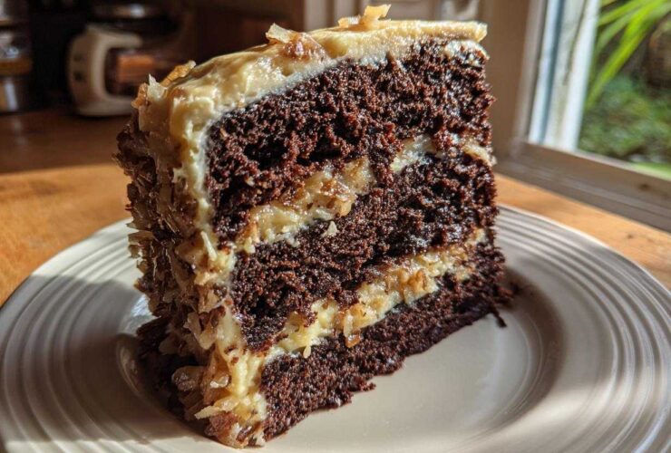 A tall, moist slice of german chocolate cake recipe showing dark chocolate layers and coconut-pecan frosting.