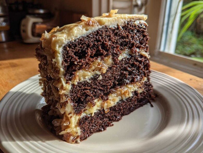 A tall, moist slice of german chocolate cake recipe showing dark chocolate layers and coconut-pecan frosting.