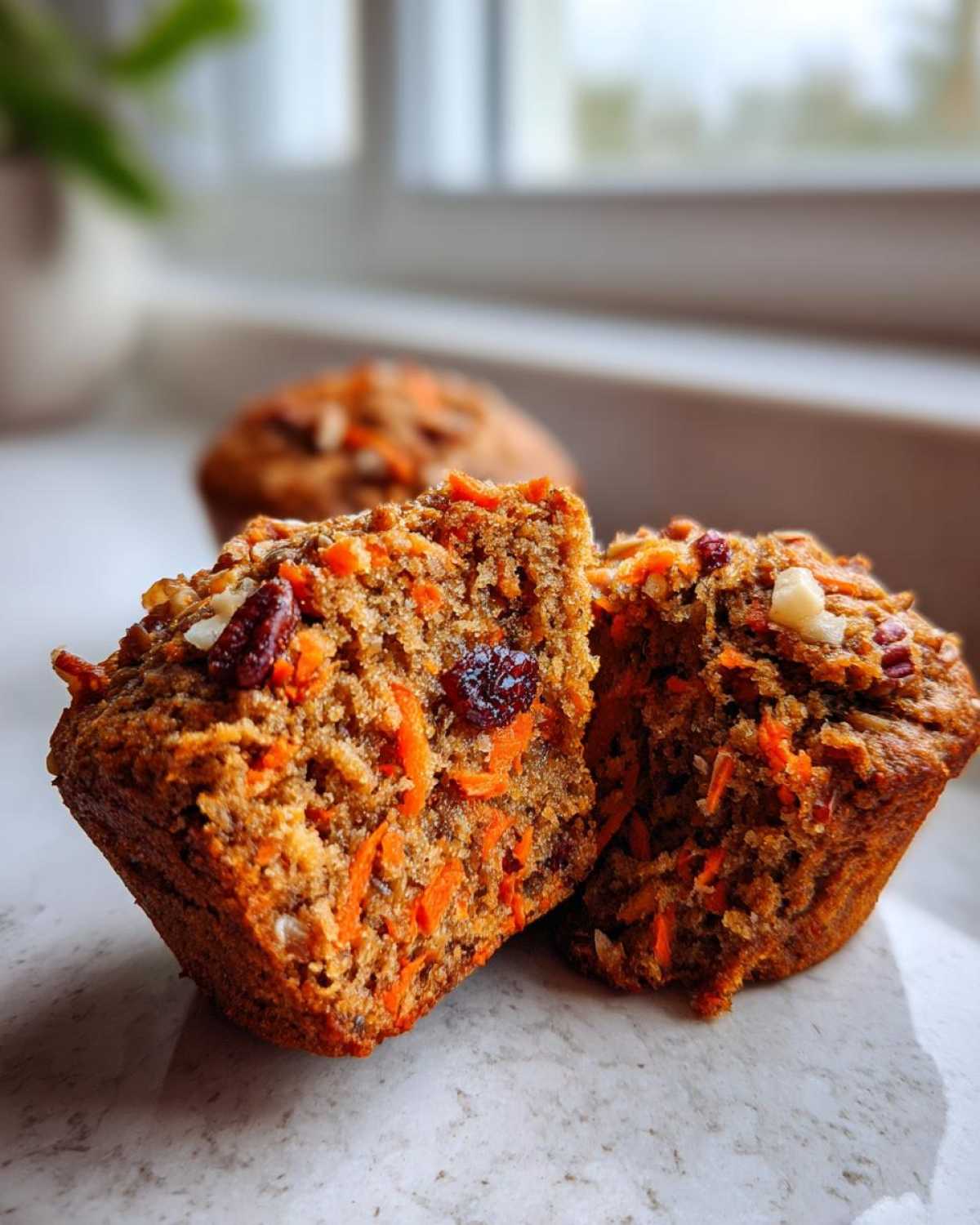 Close-up of a morning glory muffin cut in half, showing shredded carrots, nuts, and dried fruit inside.