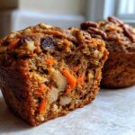 Close-up of a morning glory muffin cut in half showing carrots, nuts, and raisins inside.