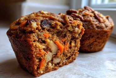 Close-up of a morning glory muffin cut in half showing carrots, nuts, and raisins inside.