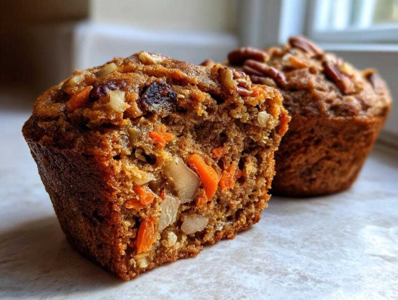Close-up of a morning glory muffin cut in half showing carrots, nuts, and raisins inside.