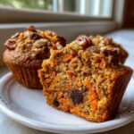 Close-up of a morning glory muffin cut in half, showing moist texture, shredded carrots, raisins, and pecans on top.