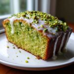 A close-up of a slice of vibrant green pistachio bread topped with white glaze and chopped pistachios.