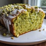 Close-up of a moist slice of bright green pistachio bread topped with white glaze and chopped pistachios.