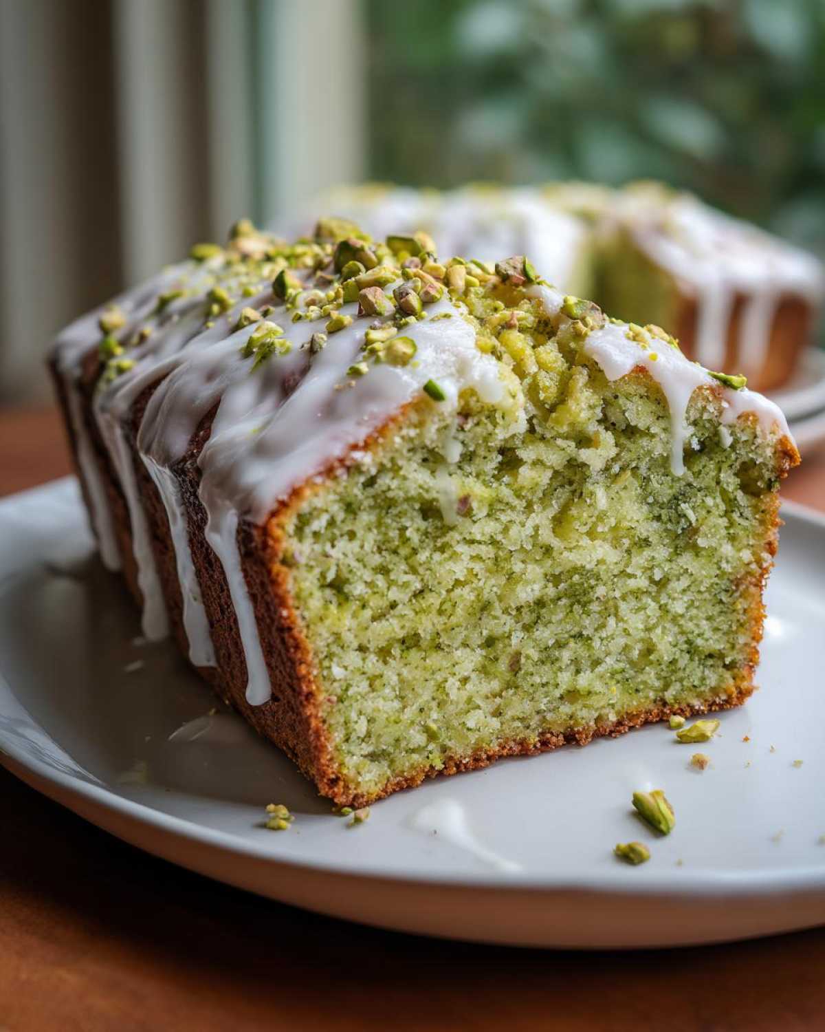 A close-up of a moist slice of green pistachio bread topped with white glaze and chopped pistachios.