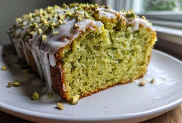 Close-up of a moist slice of bright green pistachio bread topped with white glaze and chopped pistachios.