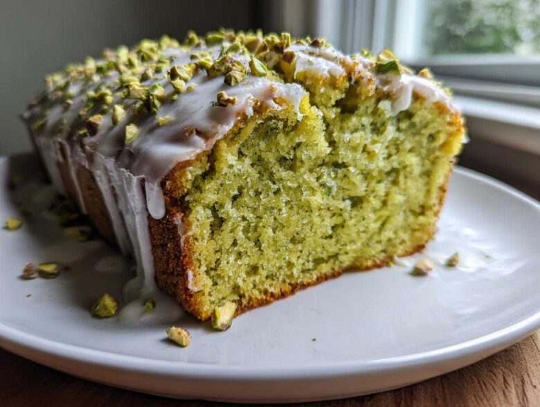 Close-up of a moist slice of bright green pistachio bread topped with white glaze and chopped pistachios.