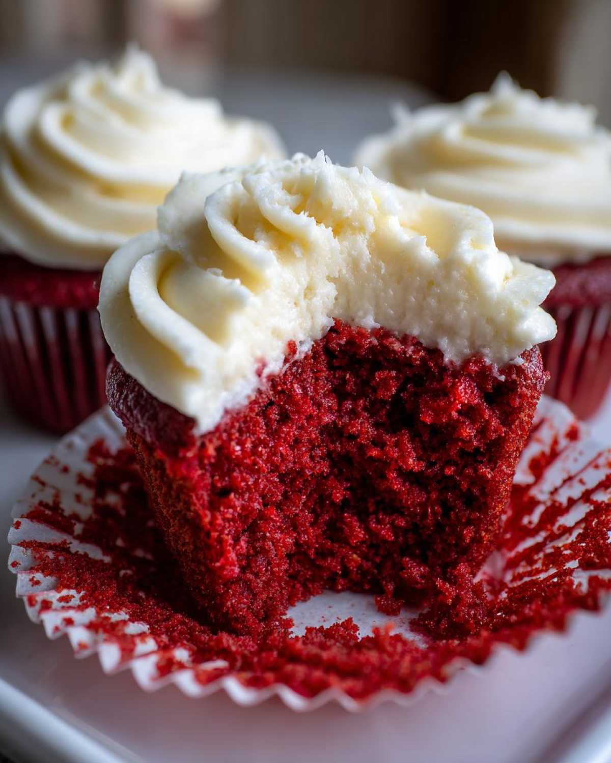 Close-up of a red velvet cupcakes cut in half showing the moist texture and cream cheese frosting.