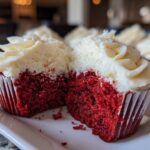Close-up of moist red velvet cupcakes cut in half showing the deep red crumb and thick cream cheese frosting.