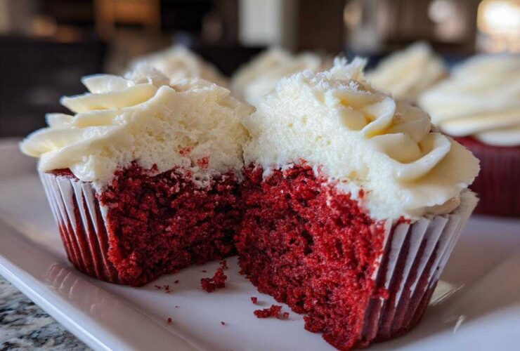 Close-up of moist red velvet cupcakes cut in half showing the deep red crumb and thick cream cheese frosting.