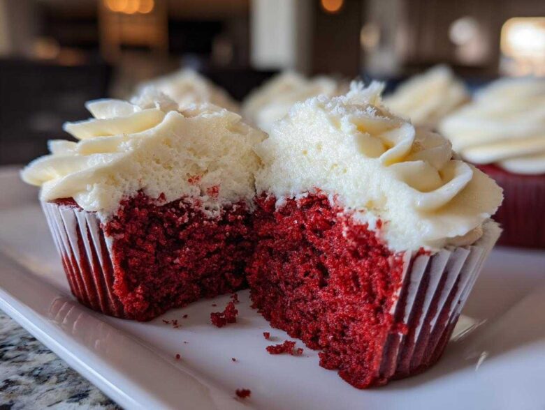 Close-up of moist red velvet cupcakes cut in half showing the deep red crumb and thick cream cheese frosting.