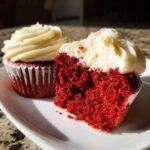 Close-up of a moist red velvet cupcakes, one cut in half showing the vibrant red crumb and cream cheese frosting.