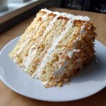 A tall, moist slice of layered coconut cake with white frosting and toasted coconut flakes on a white plate.