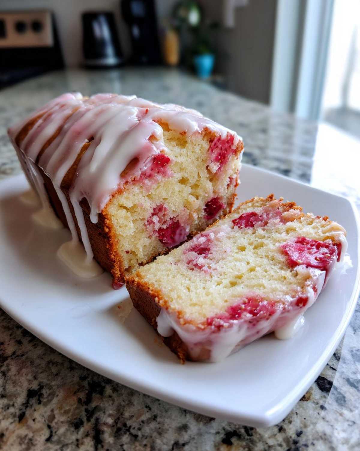 A loaf of moist strawberry bread, partially sliced, topped with a thick vanilla glaze.