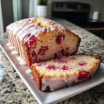 A moist strawberry bread loaf, partially sliced, topped with a thick vanilla glaze, showing bright red strawberries inside.