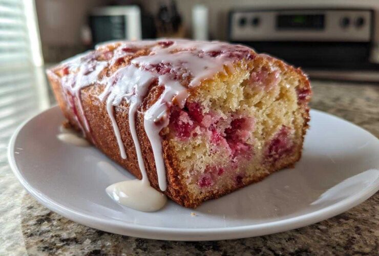 A slice of moist strawberry bread topped with a thick vanilla glaze, showing the bright red fruit baked inside.