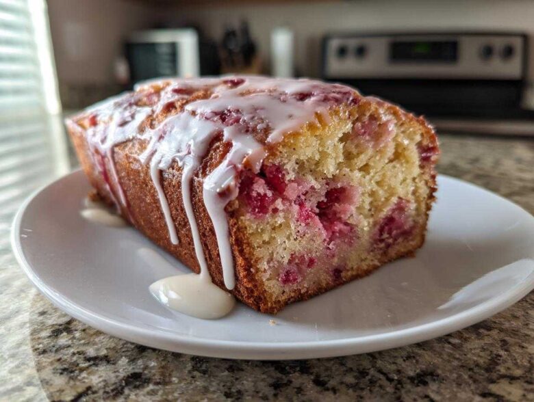 A slice of moist strawberry bread topped with a thick vanilla glaze, showing the bright red fruit baked inside.