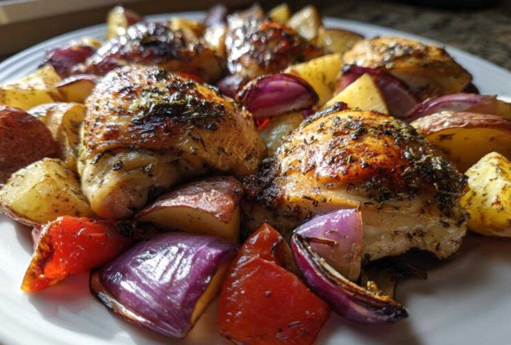 Close-up of crispy, herb-crusted greek chicken thighs served with roasted potatoes and red onions.
