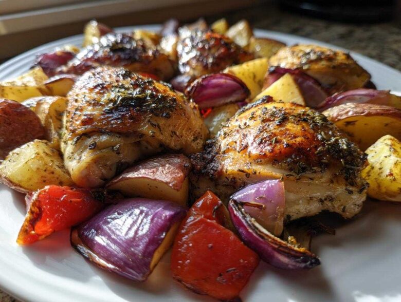 Close-up of crispy, herb-crusted greek chicken thighs served with roasted potatoes and red onions.