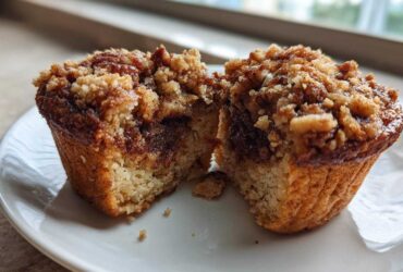 A pecan pie muffin cut in half, revealing a gooey brown sugar filling and a crunchy streusel topping.