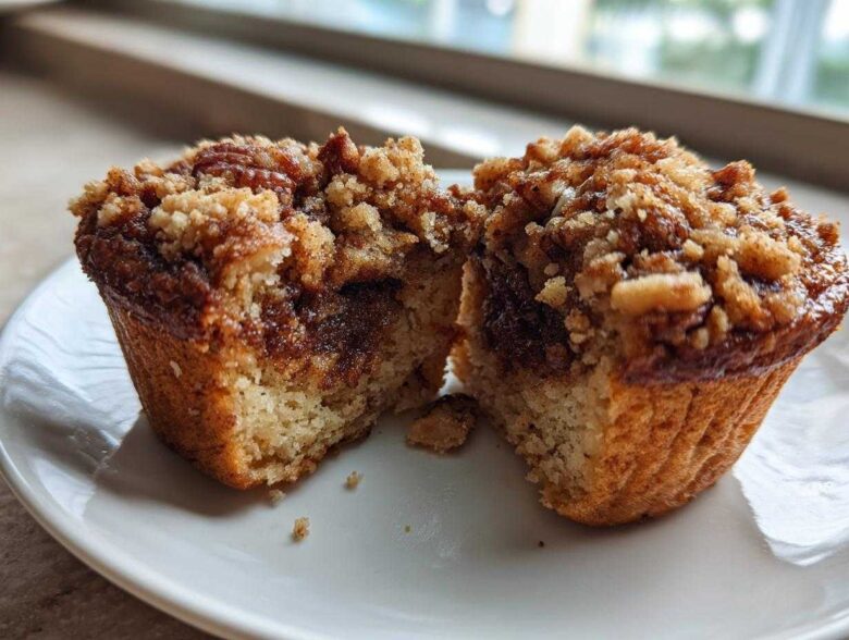 A pecan pie muffin cut in half, revealing a gooey brown sugar filling and a crunchy streusel topping.